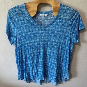 Sigrid Olsen Linen Top V Neck Blue Pattern Short Sleeve‎ Tshirt Blouse Womens 2X